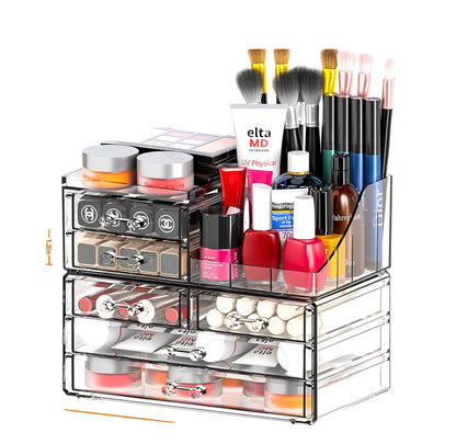 Clear Acrylic Makeup Organizer with 6 Drawers and Top Compartments